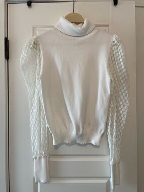 Love Tree White Turtleneck Sweater with Sheer Dot Puff Sleeves